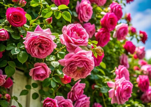 Delicate Social Climber Rose in Bloom with Vibrant Pink Petals and Lush Green Foliage Background
