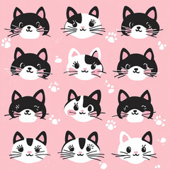 Fototapeta premium Cute cat heads pattern on pink background