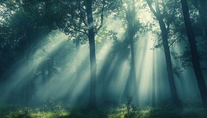 Obraz premium Tall, misty trees with sunlight streaming through the branches, creating a magical and mysterious forest atmosphere