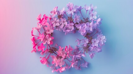 Obraz premium Defocused purple flowers arranged in circle on multicolored backdrop