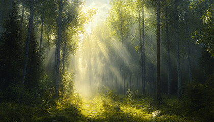 Obraz premium Tall, misty trees with sunlight streaming through the branches, creating a magical and mysterious forest atmosphere