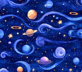 Seamless pattern of magical galaxy with asteroids, stars, and galaxies on a dark blue space background. Generative AI