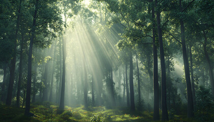 Fototapeta premium Tall, misty trees with sunlight streaming through the branches, creating a magical and mysterious forest atmosphere
