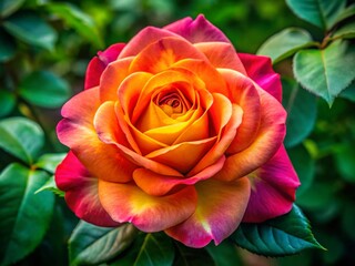 Demask Rose with Vibrant Petals and Rich Green Leaves Against a Soft Blurred Background