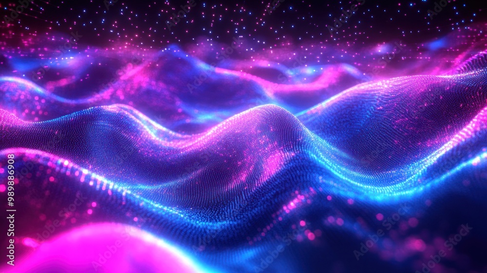 Wall mural gradient holographic particle waves glowing with neon light, flowing dynamically in an abstract digi