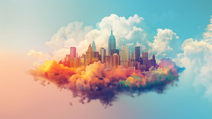Fototapeta premium Majestic City Skyline Emerging from Dense Clouds Under a Dreamy and Vibrant Sky