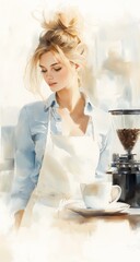 woman apron cup coffee white shirt blue jeans inspiring long blonde hair eyes dress girl sun dressed wash