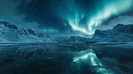 Fototapeta premium Aurora borealis on the Lofoten islands, Norway. Night sky with polar lights. Night winter landscape with aurora and reflection on the rising water surface