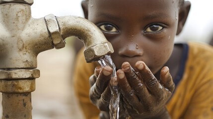 Sad African boy cupping his hands to drink water from a faucet, symbolizing the water scarcity crisis in a drought-hit village.