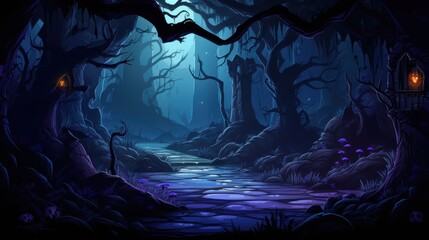 A Mystical Forest Path with Glowing Lanterns and Purple Mushrooms