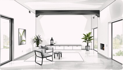 A drawing of a living room with a fireplace.