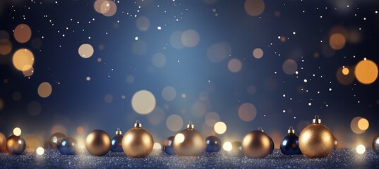 Golden and blue Christmas ornaments shimmer with soft bokeh lights in a festive glow
