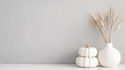 A minimalist decor featuring a white pumpkin and vase with dried flowers against a soft gray wall, perfect for autumn aesthetics.