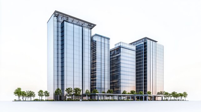 3D rendering of a modern office building complex that combines glass facades, clean lines and green elements. This futuristic architectural design creates an elegant and professional look.