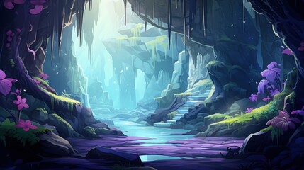 Fototapeta premium A Serene Cave Entrance with a Waterway and Purple Flowers