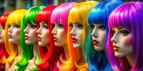 Obraz premium Diverse Collection of Colorful Hair Wigs Displayed on Mannequins for Fashion and Style Inspiration
