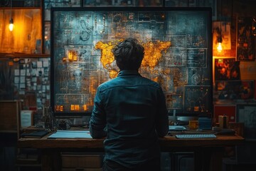 Hacker in a dimly lit room, looking at a computer screen showing a world map with data and graphs.