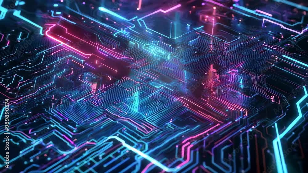 Poster A colorful image of a circuit board with neon lights
