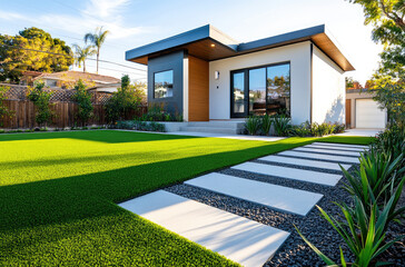 Obraz premium Modern front yard design with artificial grass, a concrete path, and a modern house in the background
