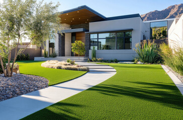 Modern front yard design with artificial grass, a concrete path, and a modern house in the background