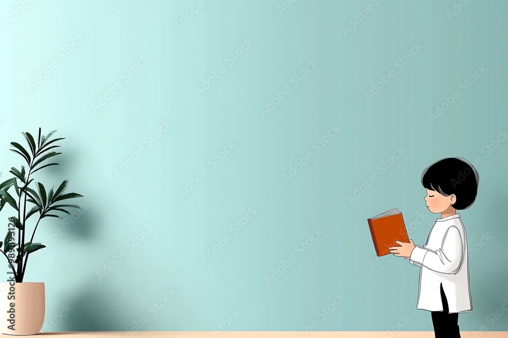 Poster A minimalist illustration of a child holding a book, with simple lines and soft colors capturing the essence of reading