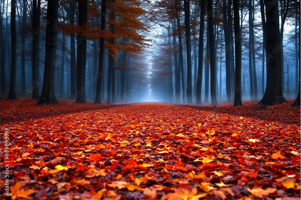 Poster a misty autumn forest, with golden and red leaves carpeting the forest floor and soft light filterin