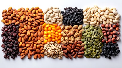 A flat lay of nuts, seeds, and dried fruits arranged in a semi-circle on the bottom half, leaving the top half open for text on a white background