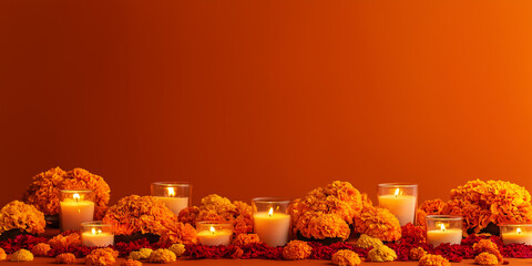 simple dia de muertos altar decorated with marigold flowers and dynamic candles placement