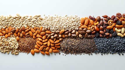 Obraz premium A flat lay of nuts, seeds, and dried fruits arranged in a semi-circle on the bottom half, leaving the top half open for text on a white background