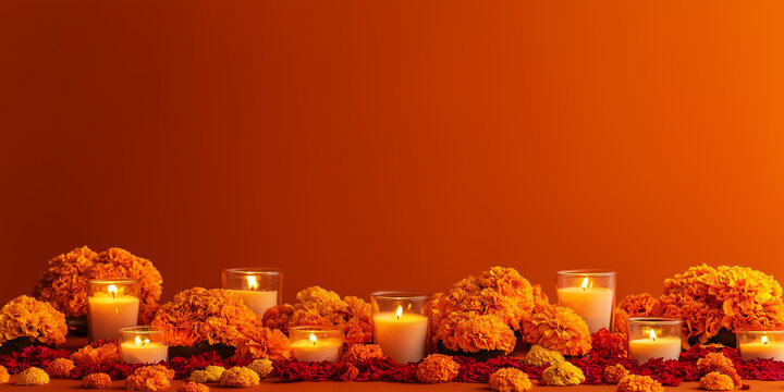 simple dia de muertos altar decorated with marigold flowers and dynamic candles placement