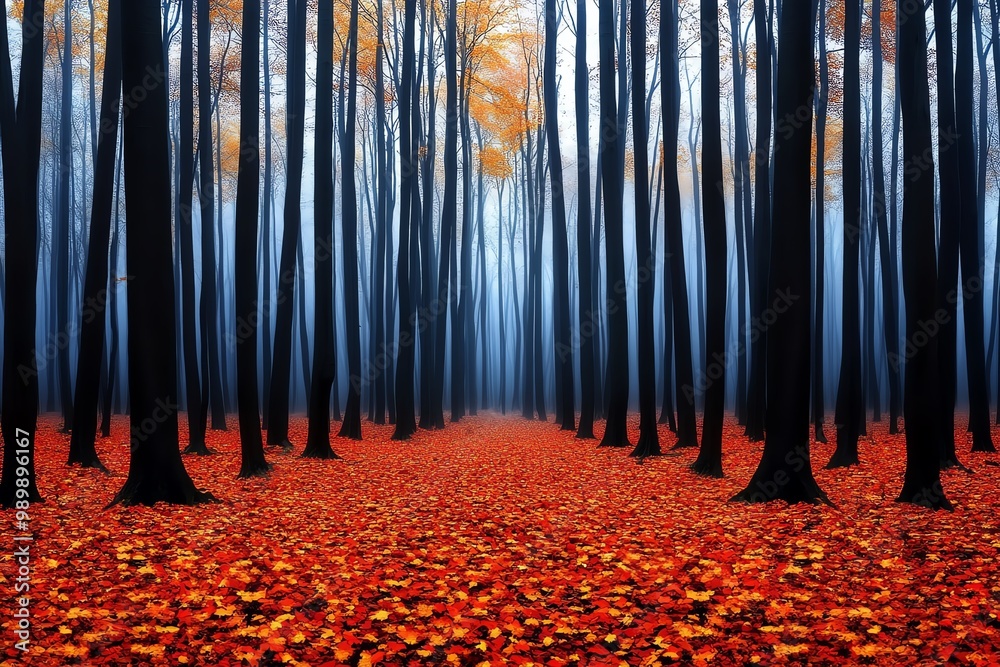Poster a misty autumn forest, with golden and red leaves carpeting the forest floor and soft light filterin