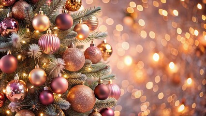 Obraz premium Elegant champagne and rose gold Christmas tree adorned with ornaments and twinkling lights for holidays