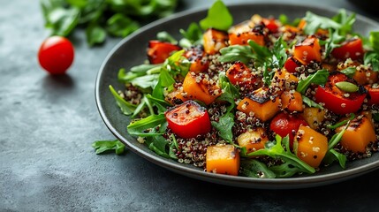A plate of grilled vegetables and quinoa placed on the left side of the image, with the right side clear for text, against a smooth, light grey background