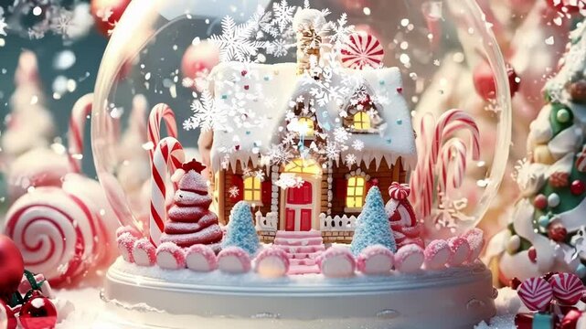 Snow globe featuring a gingerbread house is surrounded by candy canes, peppermints, and christmas ornaments, creating a festive holiday scene