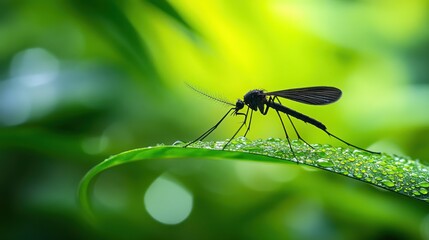 Fototapeta premium Close-up of mosquito resting on leaf in tropical forest, emphasizing its role in transmitting viruses