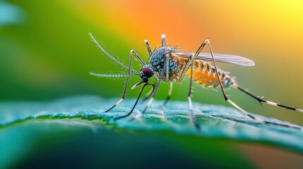 Close-up of mosquito resting on leaf in tropical forest, emphasizing its role in transmitting viruses