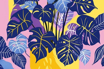 Fototapeta premium Graphic illustration of tropical plants in bold yellow and purple colors against a pink background.