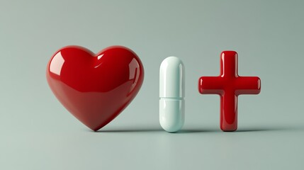 Obraz premium Heart-shaped object, pill, and red cross symbolizing health, medicine, and wellness on a light background.