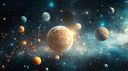Glowing spheres of vibrant colors orbiting around a central point in space, symbolizing the vastness of creative ideas.