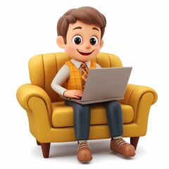 Cartoon Character Sitting on Couch with Laptop