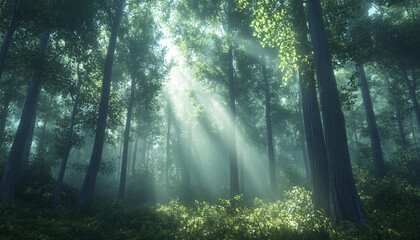 Obraz premium Tall, misty trees with sunlight streaming through the branches, creating a magical and mysterious forest atmosphere