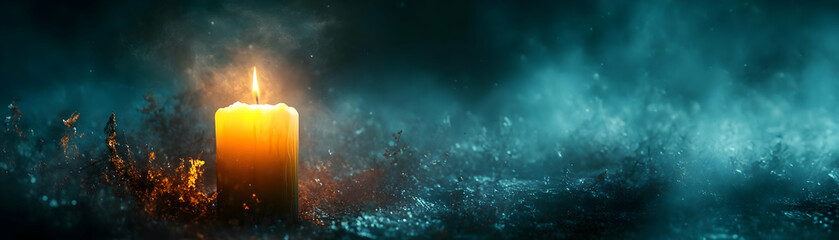 A Single Candle Burns Brightly in a Dark and Smoky Room