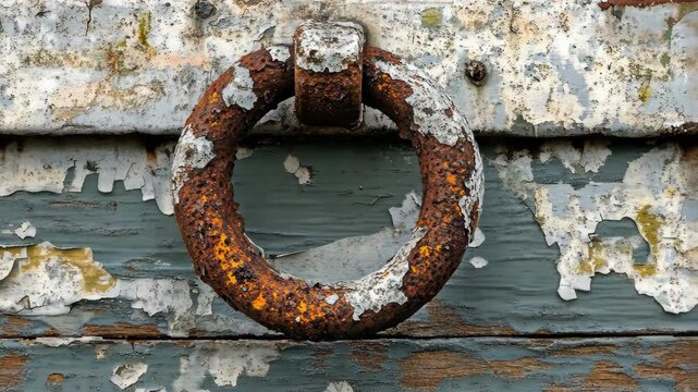 A rusty ring is attached to a wooden plank with peeling paint