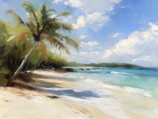 beach scene palm trees blue inspiring magazine listing sunlight study thick visible brush strokes unique deep swirling