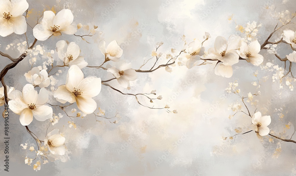 Wall mural A painting of a branch with white flowers