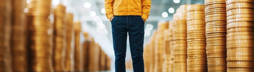 A person stands confidently among tall stacks of coins in a bright, spacious setting, symbolizing finance and wealth.