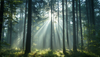 Obraz premium Tall, misty trees with sunlight streaming through the branches, creating a magical and mysterious forest atmosphere
