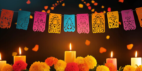 simple ofrenda altar with marigold flowers and candles against a dark orange background for dia de muertos
