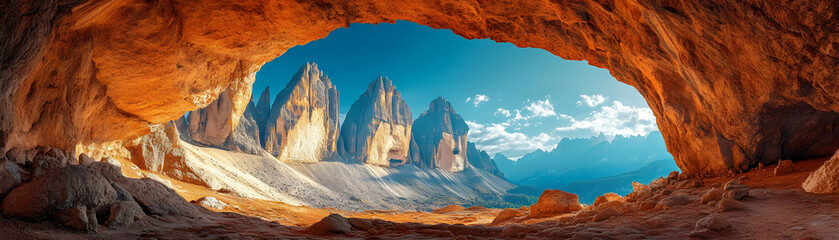 Fototapeta premium Majestic Rock Formations Framed by a Cave Entrance with Stunning Scenery