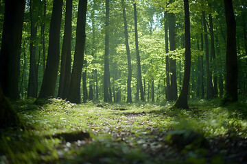Obraz premium Sunbeams Filter Through Lush Green Forest Canopy in Springtime